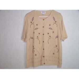 Alfred Dunner Womens Cardigan Sweater Size L Cream Grandmacore Beaded Embroidery